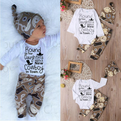 

US 3pcs Newborn Infant Baby Girls Cowboy RomperPantsHat Legging Outfits Set