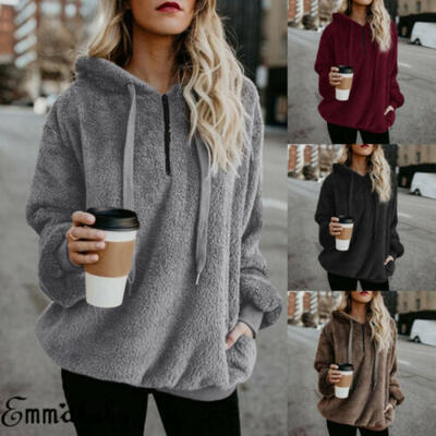 

Womens Fluffy Fleece Hoodies Winter Warm Hooded Jumper Casual Pullover Sweater