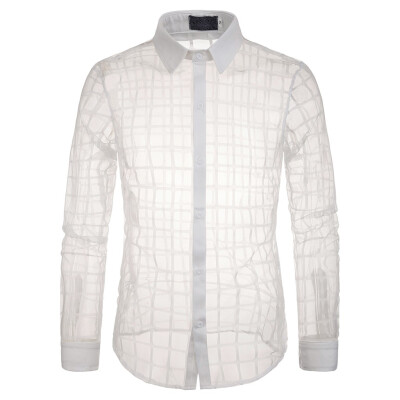 

Tailored Sexy Mens Mesh Plaid Slim Fit Turn-Down Collar Long Sleeve Top Blouse Shirt