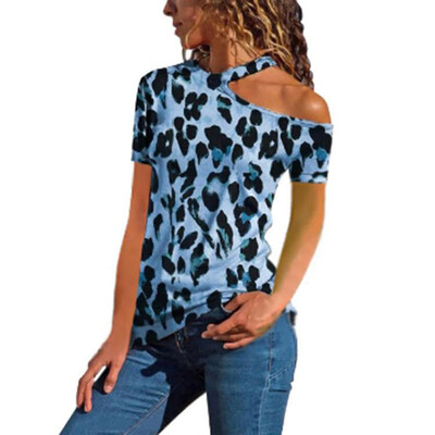 

Women One Shoulder Leopard Shirt Blouse Summer Ladies Short Sleeve Casual Tops