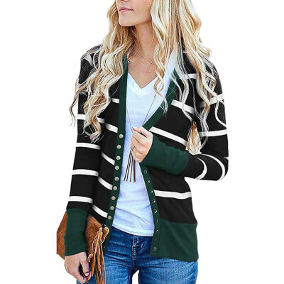 

Toponeto Womens V Neck Button Down Stripe Long Sleeve Soft Striped Cardigan Tops