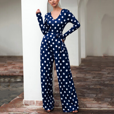 

Starmoon Womens Polka Dot Wide Leg Jumpsuit Ladies Autumn Strappy Long Sleeve Playsuit