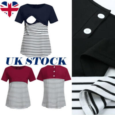 

UK Women Stripe Maternity Clothes Short Sleeve Breastfeeding Top Nursing T-Shirt