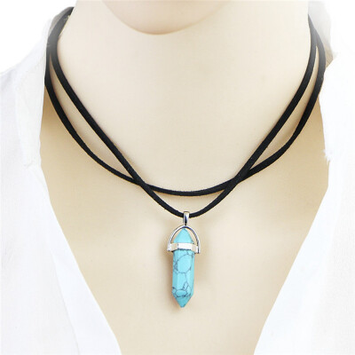 

Energy Imitation Crystal Opal Bullet Hexagon Prism Choker Necklace Quartz Stone Leather Rope Necklaces For Women