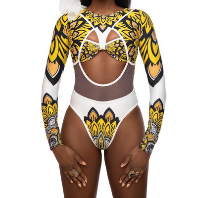 

Roseonmyhand Womens Digital Totem Print Sexy Mesh One-piece Swimsuit Bikini