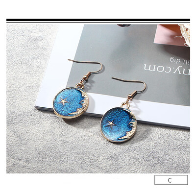 

Women Blue Metal Asymmetric Geometry Starry Moon Planet Stud Earrings Long Asymmetric Wild Sweet Jewelry Eardrop