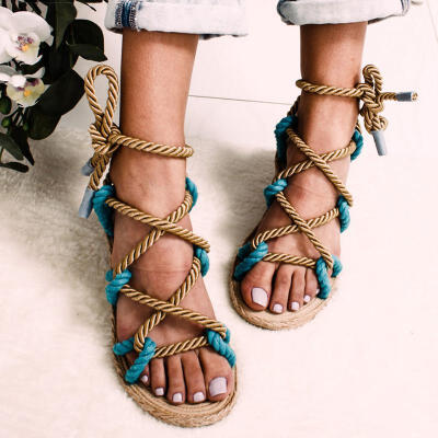 

Women Sandals Rome Style Gladiator Sandals Female Lace Up Summer Shoes Woman Flat Sandals Beach Hemp Rope Chaussures Femme 2019