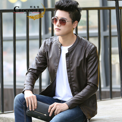 

Crocodile shirt CROCODILE leather mens jacket 2018 autumn&winter new fashion slim collar locomotive short jacket mens 821 dark red 2XL