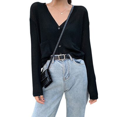 

Fashion Casual Solid Long Sleeve V-Neck Thin Blouse Sun Protection Button Up Knitted Cardigan