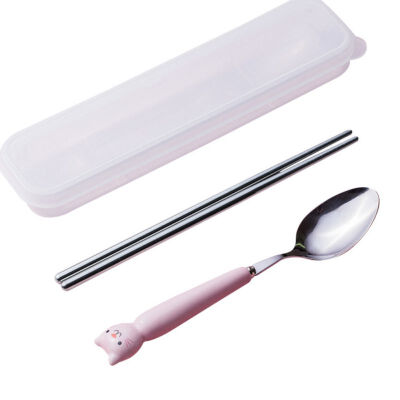 

Portable 3pcs Stainless Steel Cutlery Cartoon Set Cute Animal Fork Dinner Children Dinnerware Set Tableware Case Kit