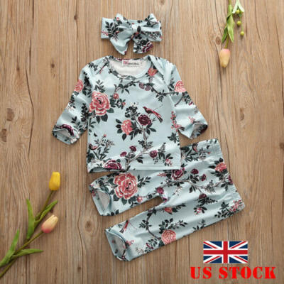 

UK 3Pcs Toddler Kids Baby Girl Floral T-shirt TopsPantsHeadband Outfits Set