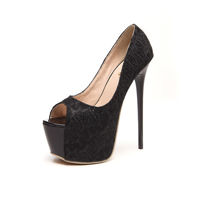 

Women\s Peep Toe Platform Bridal Pumps Party High Heels with Sequined Black