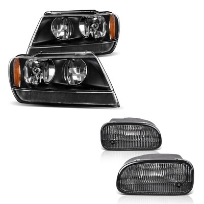 

For 1999-2003 Jeep Grand Cherokee Black Housing Headlight Clear Bumper Fog Lights set