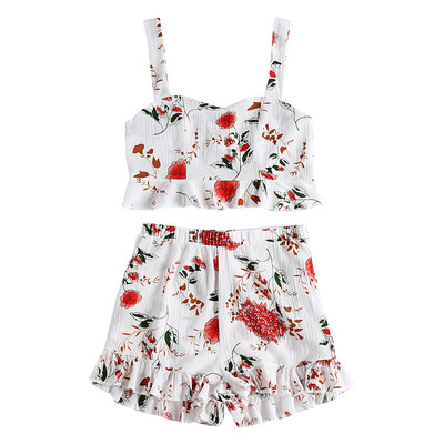 

Floral Print Backless Ruffled Crop Top High Waist Shorts Women Two-piece Suit