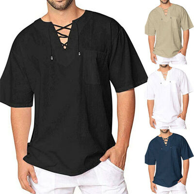 

Mens Baggy T Shirt Cotton Linen Tee Hippie Shirts Short Sleeve Yoga Top