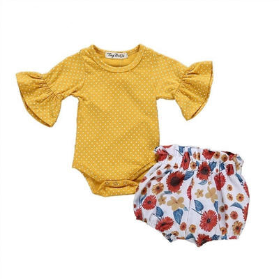 

Newborn Infant Baby Girl Cute Flare Sleeve Romper Bodysuit TopShorts Pants Bottoms 2Pcs Outfits Clothes Set