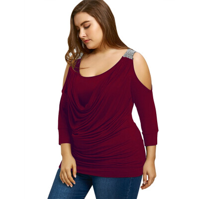 

Plus Size Draped Front Sequins Cold Shoulder T-shirt