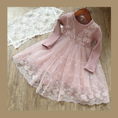

Kids Baby Girls Flower Long Sleeve Lace Crochet Princess Party Tulle Tutu Dress