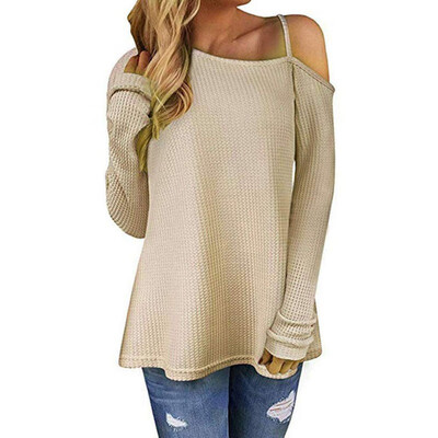 

Autumn Women Long Sleeve T-shirt Cold Shoulder Solid Color Autumn Ladies Knitted Tee Split Tunic Tops tshirt