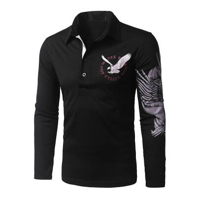 

Spring Autumn Fashion Eagle Print Pattern Mens Long Sleeve T-Shirt Casual Turn-Down Collar Male T-Shirt Tee Top