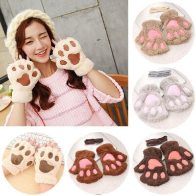 

Winter Women Cute Cat Claw Paw Plush Mittens Short Fingerless Gloves Half Finger