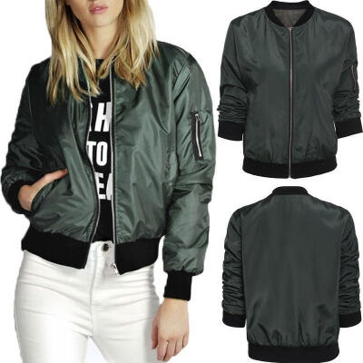 

Fashion Women Army Green Vintage Slim Biker Motorcycle Zipper Bomber Jacket Coat