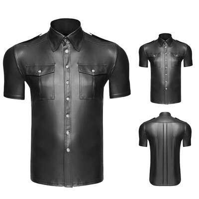 

Mens Sexy Faux Leather Lapel Short Sleeve Black Nightclub Stage Costumes T-Shirt