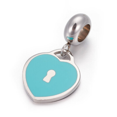 

304 Stainless Steel European Dangle Beads with Enamel Large Hole Pendants Heart Lock Stainless Steel Color Turquoise 245mm