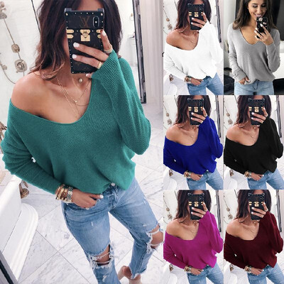 

Cross-border supply Amazon wish Europe&America autumn&winter sexy v-neck long-sleeved pits solid color loose shirt 1306 wh