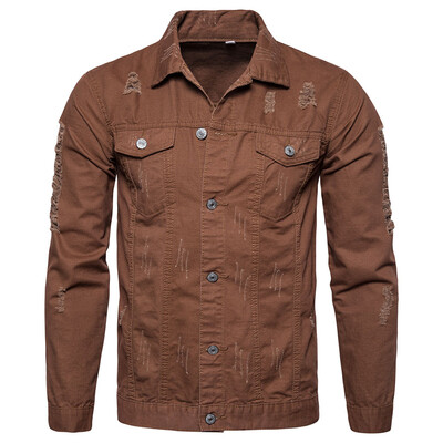 

Mens Long Sleeves Ripped Denim Jean Jacket Plus Size Button Down Slim Fit Tops