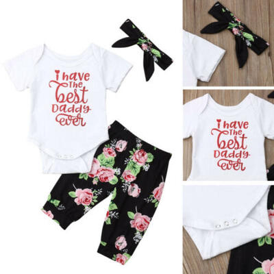 

Newborn Baby Girl Best Dad Romper Top Floral Pants Headband Outfits Clothes Set