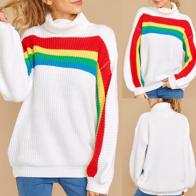 

〖Follure〗Womens Knitwear Long Sleeve Striped Rainbow Turtleneck V-neck Knit Sweater