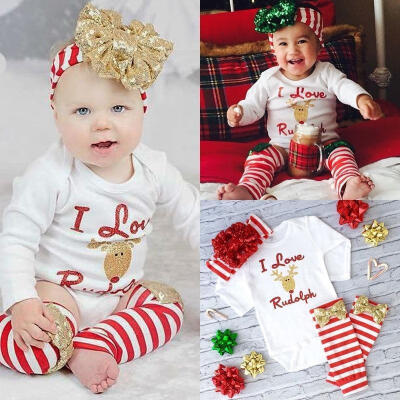 

3pcs Newborn Baby Girl Long Sleeve Romper Jumpsuit Christmas Outfits Set Clothes