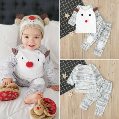 

2PCS Newborn Baby Boy Girl Cute Reindeer TopsPants Outfits Christmas Clothes UK