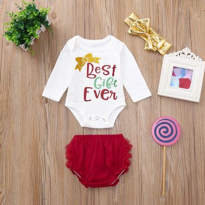 

3PC Newborn Baby Girls Christmas Letter Print RomperShortsHeadband Set Clothes