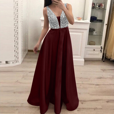

〖Follure〗Women Fashion Sequin Dresses Sleeveless V-neck Long Evening Party Dress