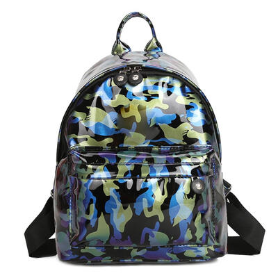

Camo Print Travel Backpacks Women School Bags Bright PU Leather Knapsack