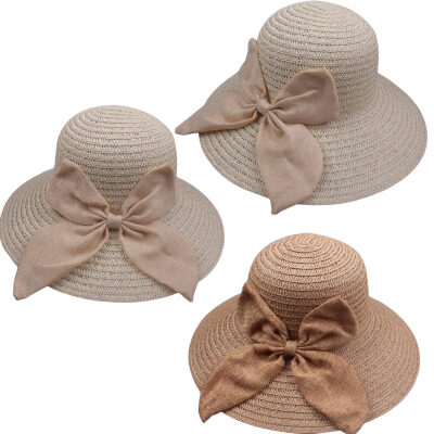 

Summer Women Straw Hat Wide Brim Bow Decoration Sun Beach Cap Foldable Floppy Hat BeigeBrown