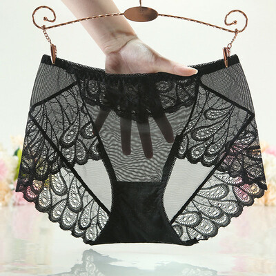 

Women Elastic Sexy Briefs See-through Lace Middle Waist Soft Breathable Knickers