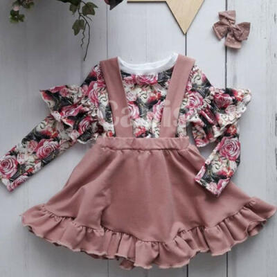 

Toddler Kids Baby Girl Ruffle Flower Tops T-Shirt Suspender Dress Outfit Clothes