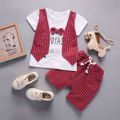 

2Pcs Infant Baby Boys Letter Print Bow Plaid TopsPants Outfits Clothes Set