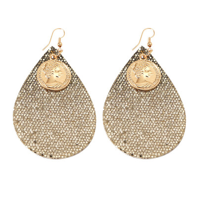 

Women Embossed Portrait Coin Water Drop Sequins Charm Statement Hook Earrings