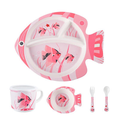 

5pcs Baby Feeding Tableware Set Bamboo Fiber Plate Bowl Fork Spoon Cup