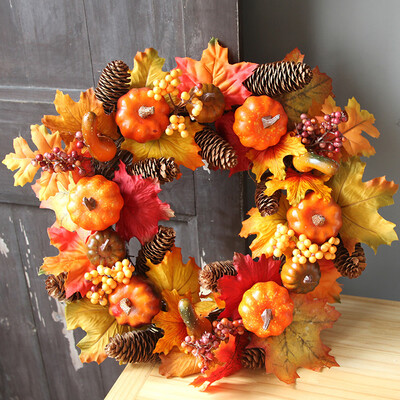 

Toponeto 40CM Halloween Pumpkin Berry Maple Leaf Fall Door Wreath Door Wall Ornament