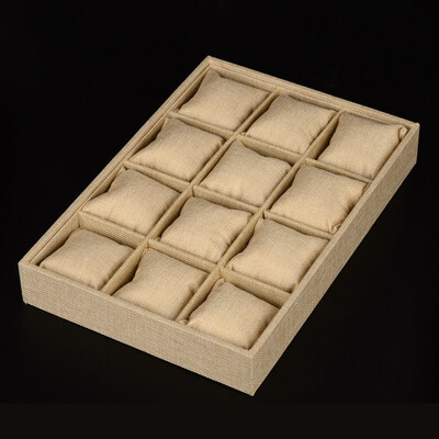 

Wood Covered with Burlap Jewelry Bracelet Watch Displays 12 Compartments with Pillows Camel 35x24x5cm