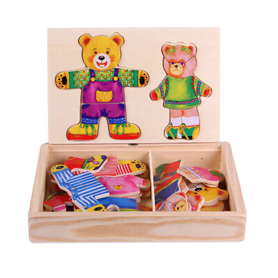

Cute Wooden Puzzle Set Baby Educational Toys Cartoon Bear Changing Clothes Puzzles Kids Children Wooden Toy