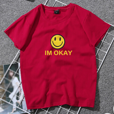 

Casual Round Neck Smiling Face & Letters Print Short Sleeve Loose Pullover T-Shirt