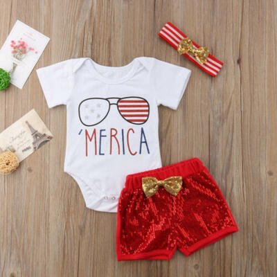 

US Independence Day 4th Of July Baby Girl Kid Romper Pants Headband Outfits Set