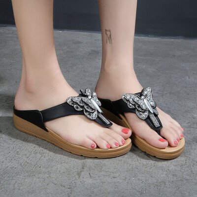 

Rose Women Rhinestone Butterfly Thick-Bottomed Flip-Flops Shoes Bohemian Casual Shoes
