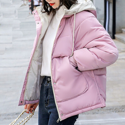 

Toponeto Women Fashion Loose Outerwear Short Cotton-padded Jackets Pocket Hooded Coats